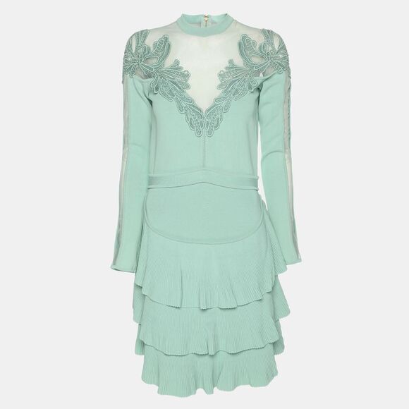 Elie Saab Mint Green Tulle Paneled Stretch Knit Appliqu&eacute;d Mini Dress S - Picture 1 of 6